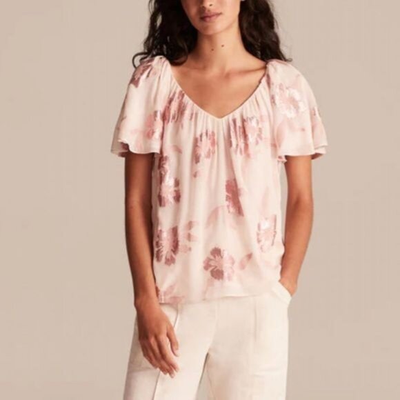 REBECCA TAYLOR Pink Metallic Floral Silk Georgette Flutter Sleeve Blouse, Size M - Picture 3 of 15